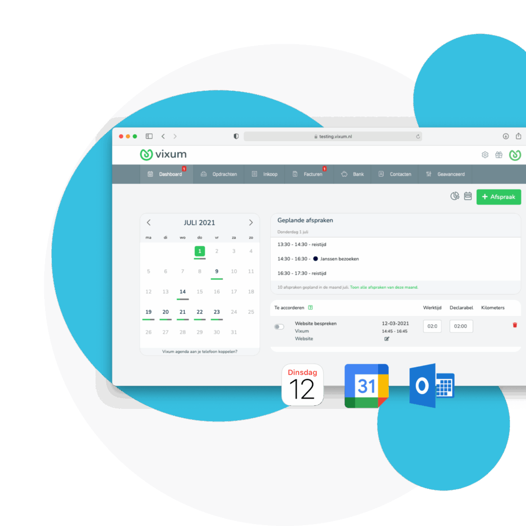Vixum zzp boekhoudprogramma met agenda. Google Outlook en Apple agenda koppeling